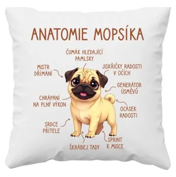 Žertovný předmět Anatomie mopsíka - polštář s potiskem- Tričkový.cz
