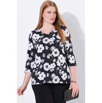 Dámské tričko Ulla Popken, Plus size Slinky tričko, květy, Classic, výstřih do V, 3/4 rukávy pro plnoštíhlé nadměrná velikost, 845084100-1130, černý, 50/52, Nadměrné velikosti, Plus size oblečení, Oblečení pro boubelky, Oblečení pro baculky, Oblečení pro plnoštíhlé, Ob