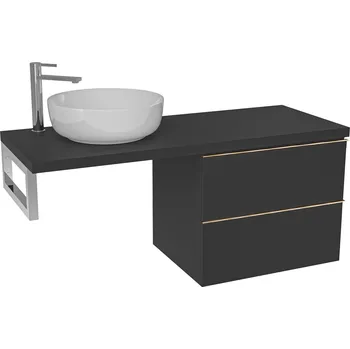 Koupelnový nábytek CERANO - Deska pod umyvadlo Navira Pro - 141x46,5x3,6 cm - skříňka Velora 69 cm - černá matná, zlatá úchytka - konzole chrom