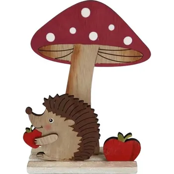 Dekorace dřevo 150X205mm muchomůrka s ježkem, přírodní, červená, bílá, hnědá 69 gram