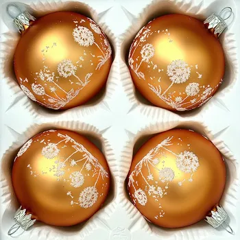 Vánoční ozdoba Irisa Měděně oranžové skleněné koule s pampeliškami – 4 ks, 7 cm Velikost: 7 cm, Balení: 4ks, Barva: oranžová