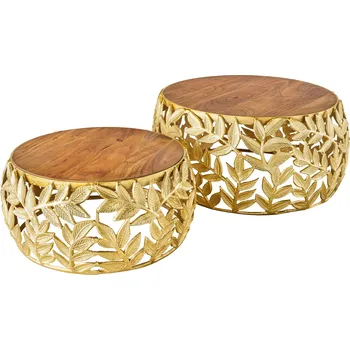 Konferenční stolek Konferenční stolek ABSTRACT LEAF 54-68cm sada 2 zlatých s deskami z akáciového dřeva