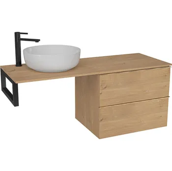 Koupelnový nábytek CERANO - Deska pod umyvadlo Navira Slim - 121x46,5x1,8 cm - skříňka Velora 59 cm - dub medový, zlatá úchytka - konzole černá