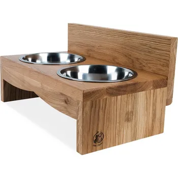 Miska pro psa Svět Tlapky Stojan na 2 misky pro psa BONNIE Dřevina nebo odstín: Dub červený (dřevo), Výška: 10cm (malé plemeno), Průměr miska (rozměr): miska 13cm (34 x 18cm)