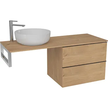 Koupelnový nábytek CERANO - Deska pod umyvadlo Navira Slim - 161x46,5x3,6 cm - skříňka Velora 79 cm - dub medový, černá úchytka - konzole chrom