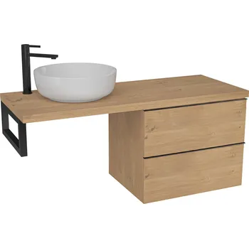 Koupelnový nábytek CERANO - Deska pod umyvadlo Navira Pro - 121x46,5x3,6 cm - skříňka Velora 59 cm - dub medový, černá úchytka - konzole černá