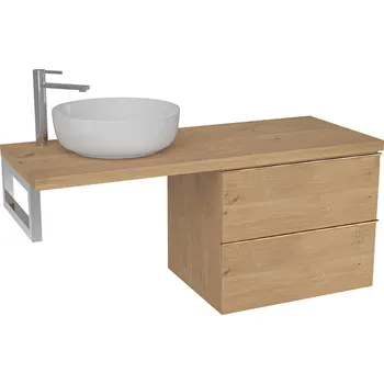 Koupelnový nábytek CERANO - Deska pod umyvadlo Navira Pro - 121x46,5x3,6 cm - skříňka Velora 59 cm - dub medový, zlatá úchytka - konzole chrom