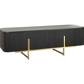 Televizní stolek Art deco obdélníkový čtyřdveřový TV stolek Gatsby z černého mangového dřeva s lamelami se zlatými úchyty a nožičkami 160 cm