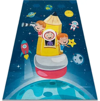 Koberec Dětský koberec protiskluzový Bambino 42810 Raketa, modrý / hnědý