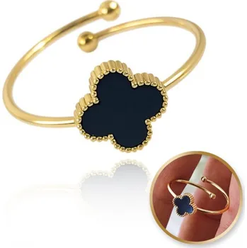 Prsten Flamenco Mystique Pozlacený nastavitelný prsten z chirurgické oceli s motivem černého jetelu PST951