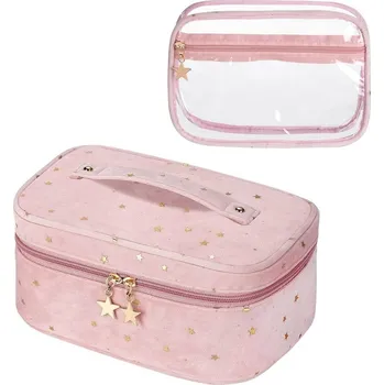 Kosmetická taška Flamenco Mystique Skládací kosmetická taška 2v1 s gwiezdnými motivy, růžová, welurový materiál, 24.5x16.5x10 cm
