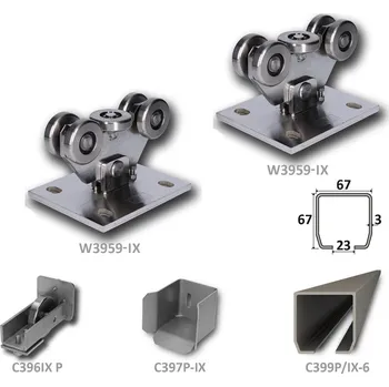 Pohon brány sada pro samonosnou bránu W PICCOLO INOX, nerez - nerezové kování pro posuvnou bránu, šířka průjezdu do 4,5 m, váha do 300 kg, obsahuje profil 67 x 67 x 3 mm, 6 m, 2 x vozík, kapsu, kolo