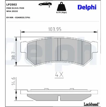 Autodíl Sada brzdových destiček, kotoučová brzda DELPHI LP2502
