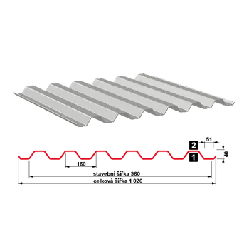 Střešní krytina Trapézový plech průmyslový T40N 0,7 - 0,88 mm Tloušťka (mm): 0,7 mm, Materiál: POLYESTER 25