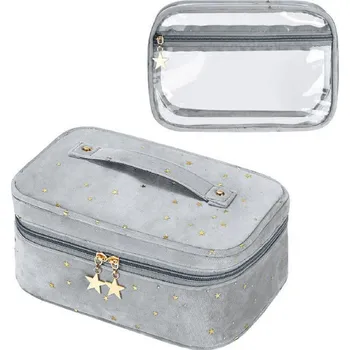 Kosmetická taška Flamenco Mystique Skládací kosmetická taška 2 v 1 s hvězdnými motivy, šedá, velurový materiál, rozměry 24.5x16.5x10 cm a 22.5x15x15.5 cm