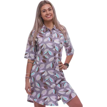 Dámská noční košile Hnědá elegantní košilka s límečkem a krátkým rukávem celopropínací na knoflíky, barevné lístky 1C3946 hnědá l