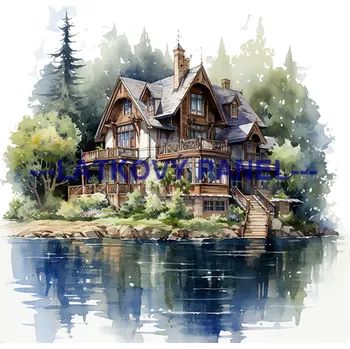 Látkový panel - Dům u vody - KR-22 Velikost: 20x20cm, Materiál: Mikroplyš