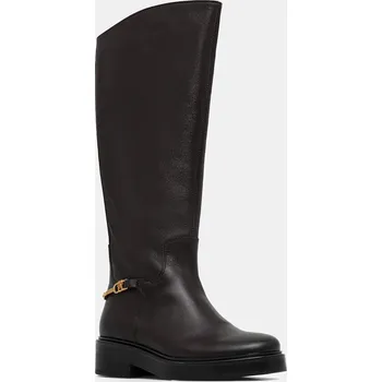 Dámské kozačky Kožené kozačky Tommy Hilfiger TH HORSEBIT RIDING LONG BOOT dámské, hnědá barva, na plochém podpatku, FW0FW08863 89X, EUR 36