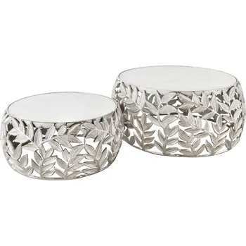 Konferenční stolek Konferenční stolek ABSTRACT LEAF 54-68cm sada 2ks stříbrných s mramorovými deskami