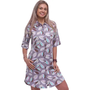 Dámská noční košile Hnědá elegantní košilka s límečkem a krátkým rukávem celopropínací na knoflíky 1C3946 hnědá s