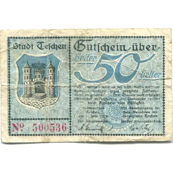 TESCHEN / Czieszyn. 50 Heller 1919.