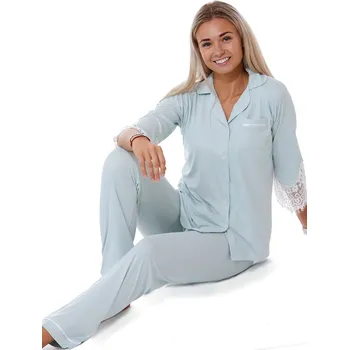 Dámské pyžamo Šedo zelené pyžamo s bílou krajkou elegantní romantické celopropínací na knoflíky pro ženy 1B1872 zelená s