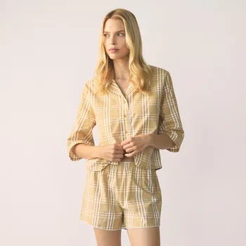 Reserved - Dvoudílná kostkovaná pyžamová souprava - hořčicová - 145EY-17X - 145EY-17X-XS