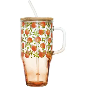 Skleněný hrnek s víčkem a brčkem Soleo 650 ml rustikální oranžový na nápoje Intesi