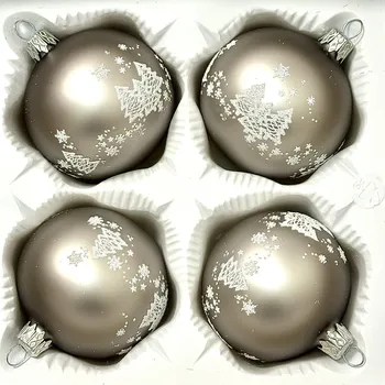 Vánoční ozdoba Irisa Šedé skleněné vánoční koule se stromečkem a vločkami – sada 4 ks (7 cm) Velikost: 7 cm, Balení: 4ks, Barva: šedá