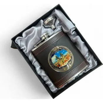 Placatka Dárková sada nerez placatka v kožence s nálevkou - Praha (7oz)