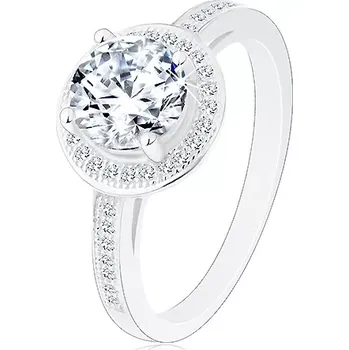 Prsten Stříbrný 925 prsten, čirý kulatý zirkon s čirým lemem, zdobená ramena - Velikost: 59
