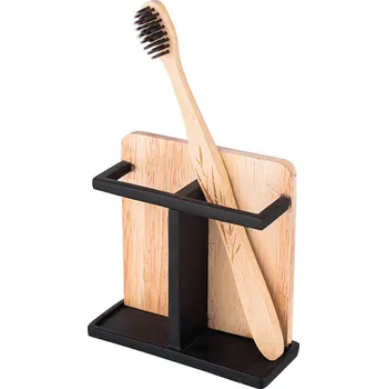 ALTOM Držák na zubní kartáčky a pastu, minimalistický stojánek dřevo+kov černá