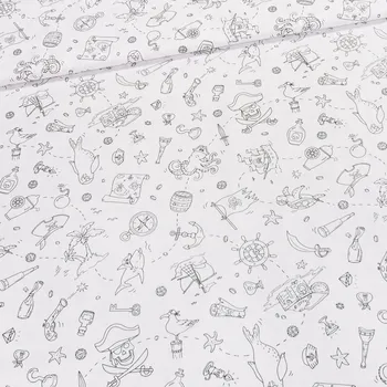Bavlněné plátno dětské HOOK-1K, pirátský motiv, látka k vymalování, bílá, š.150cm (látka v metráži)
