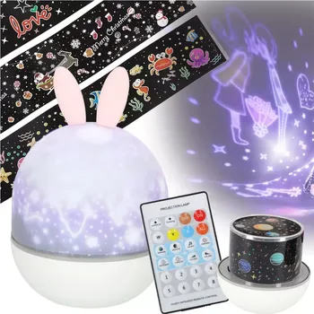 Dětské svítidlo noční projektor hvězd s králičími oušky, usb, dálkové ovládání, 6 motivů