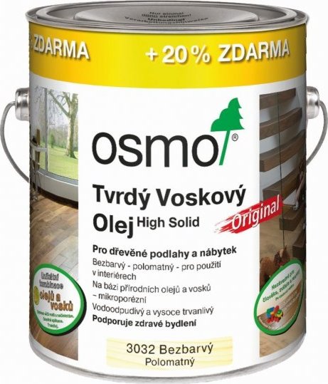 OSMO 3032 Tvrdý vosk.olej Original hedváb.polomat 3 L - 3032 Bezbarvý polomat