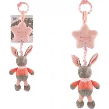 plyšák Teddies Zajíc s hvězdou plyš závěs na postýl./koč. natahovací hrací strojek 48cm růžový na kartě v sáčku