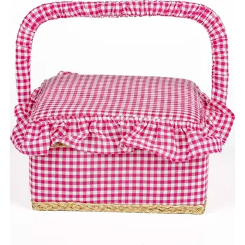 Vlnika Kazeta / košík na šití, čalouněný 17 s výbavou, růžová kostička s kanýrem, 19,5 x 19,5 x 11cm