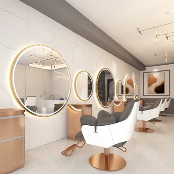 Zrcadlo Kadeřnické zrcadlo s LED osvětlením, kadeřnický salon, kosmetický salon, kadeřnické pracovní místo, nástěnné zrcadlo, hliníkový rám 90x90 PRO kulaté MR-OW-GOLD-3LIGHT-90