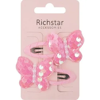 Sponky do vlasů s motýlky a flitry světle růžové 6,5 x 3,5 x 0,5 cm, 2 ks