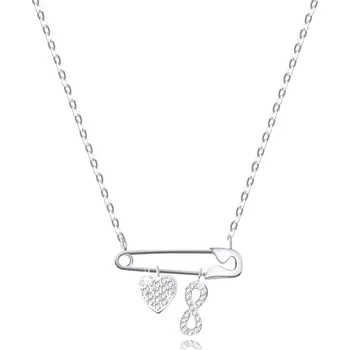 Náhrdelník Stříbrný 925 náhrdelník - spínací špendlík s přívěsky ve tvaru srdce a vzor Infinity, čiré zirkony