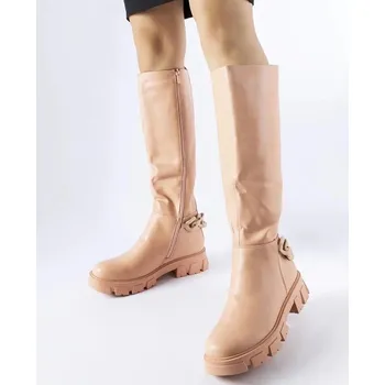 Dámské kozačky Růžové kozačky Solea s řetězem- plochá podrážka, 38 i240_204720_2:38