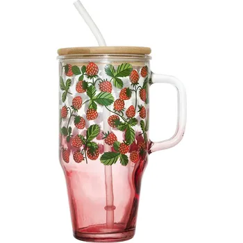 Skleněný hrnek Soleo 650 ml s víčkem a brčkem na letní nápoje rustikální červený Intesi