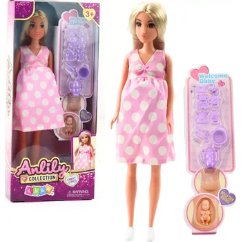 Panenka Panenka ANLILY v těhotenství se šaty s puntíky a doplňky pro miminko