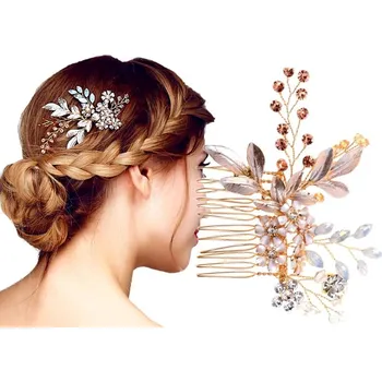 Svatební dekorace Zlatý svatební hřeben s křišťálovou dekorací, květinami a zirkony, 11 cm x 7 cm