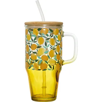 Skleněný hrnek Soleo Intesi 650 ml s víčkem a brčkem žlutý na letní nápoje