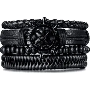 Náramek Sada Punk Kožených Náramků, Černá, 15,5-16,5 cm Obvod, Materiál: Kůže a Ocel