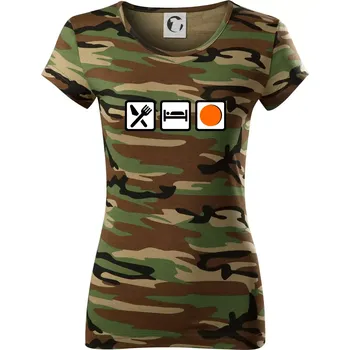 Dámské tričko Eat sleep repat hokejbal v řadě - Dámské maskáčové triko - XS ( Hnědý maskáč )