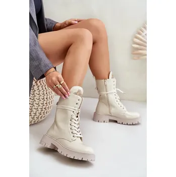 Dámská zimní obuv Lakované Zateplené Kotníkové Boty Workery s Ozdobou Béžové Kelilea 39