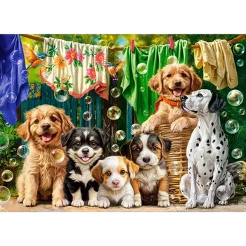 Puzzle Castorland puzzle štěňata, prádlo a ptačí dovádění 100 dílků