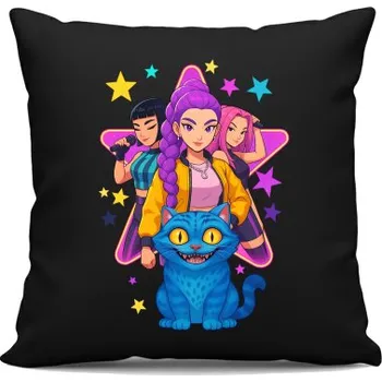 Žertovný předmět Rumi, Mira i Zoey - Huntrix v2 - černý polštář s potiskem pro fanoušky huntrix kpop demon hunters- Tričkový.cz